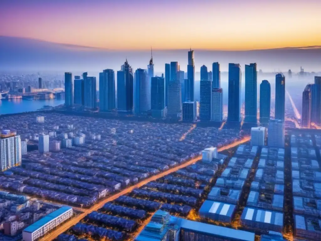 Renovación urbana: skyline moderno y vibrante Vista panorámica de una ciudad bulliciosa con rascacielos modernos y edificios residenciales recién construidos en primer plano, reflejando la recuperación del sector inmobiliario postcrisis