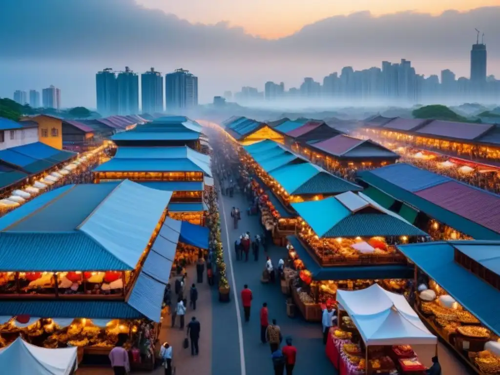 Contrastes urbanos: Mercados y rascacielos en país emergente Vista panorámica de una ciudad en desarrollo, con rascacielos modernos y puestos de mercado tradicionales, ideal para Invertir en bienes raíces