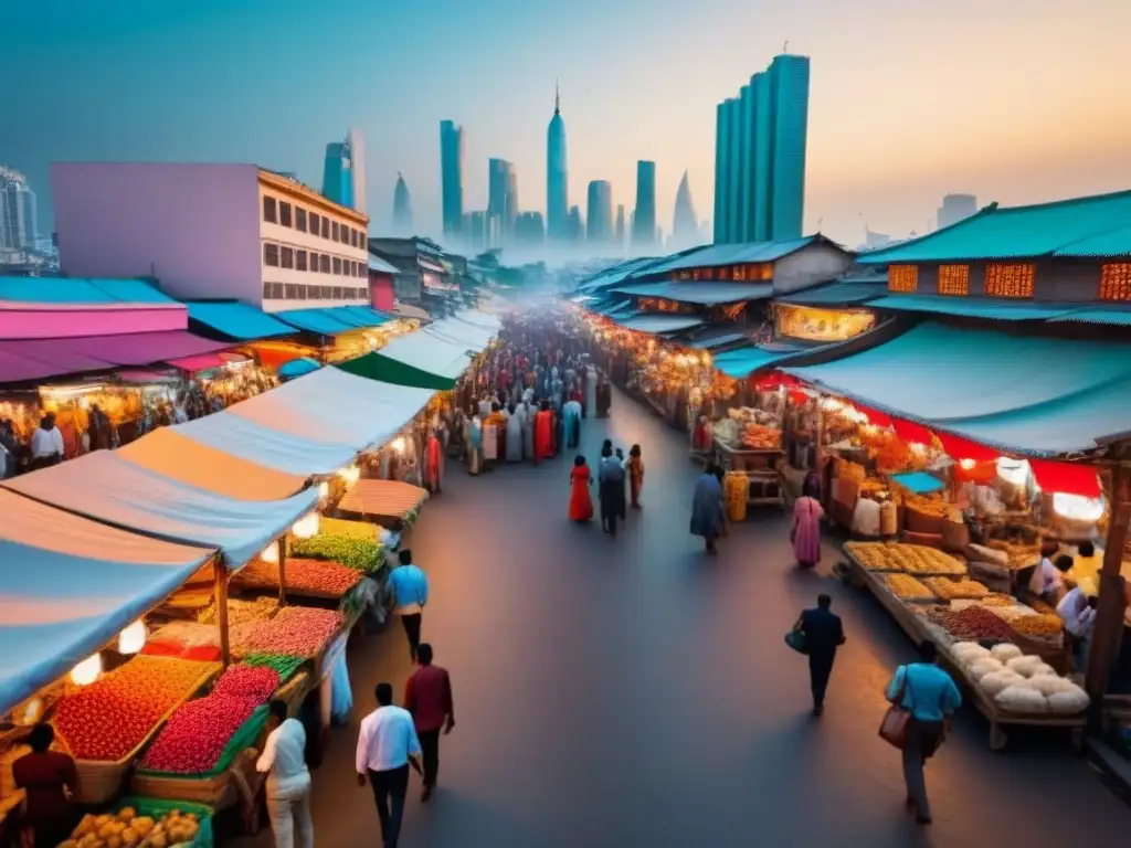 Mercado callejero en ciudad en desarrollo: tradición y modernidad Vista panorámica de una ciudad en desarrollo, con mercados callejeros y rascacielos