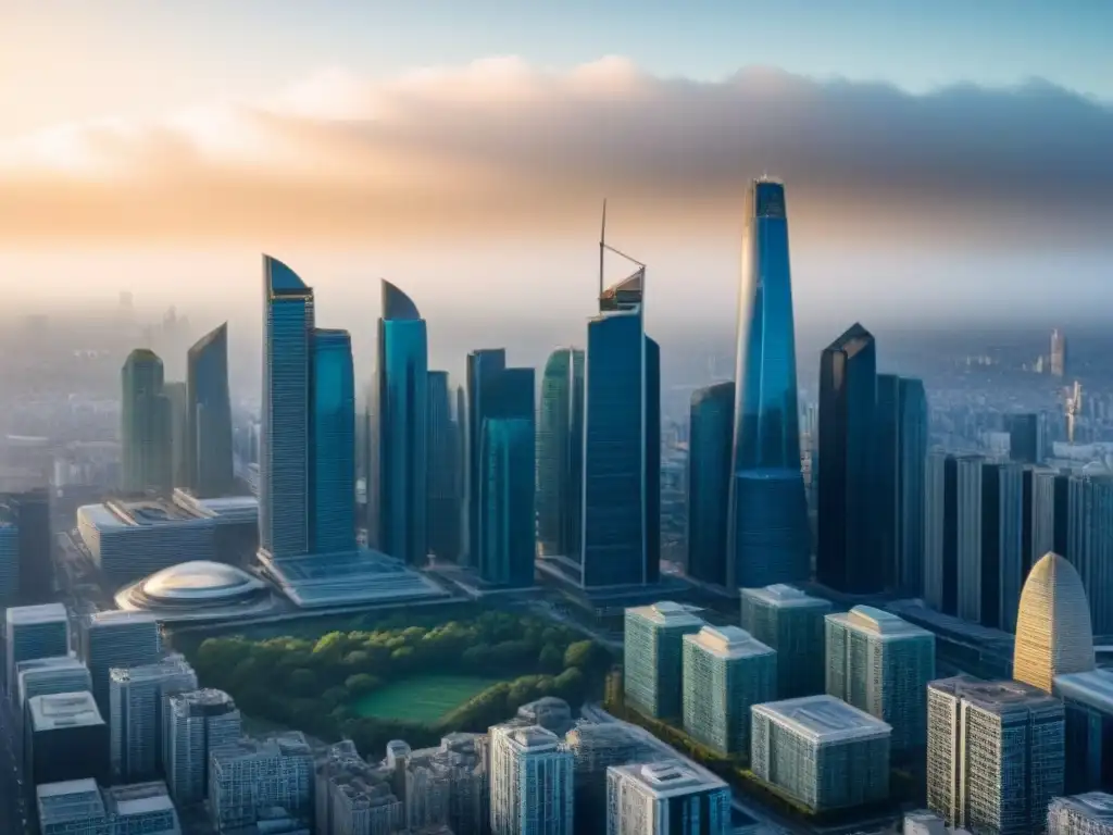 Horizonte urbano: Evolución de REITs en arquitectura futurista Vista panorámica de una ciudad dinámica con rascacielos modernos, reflejando el impacto de la legislación en el financiamiento de REITs