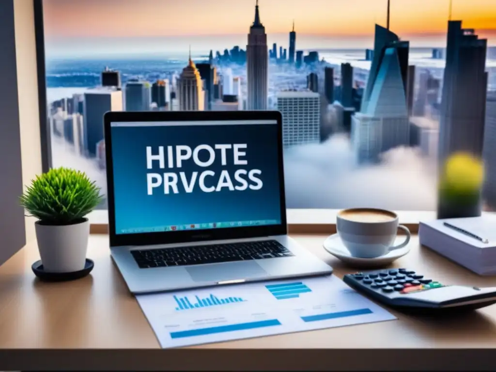 Oficina moderna: Hipotecas Privadas y crecimiento financiero Vista panorámica de la ciudad con escritorio moderno, gráficos financieros y café