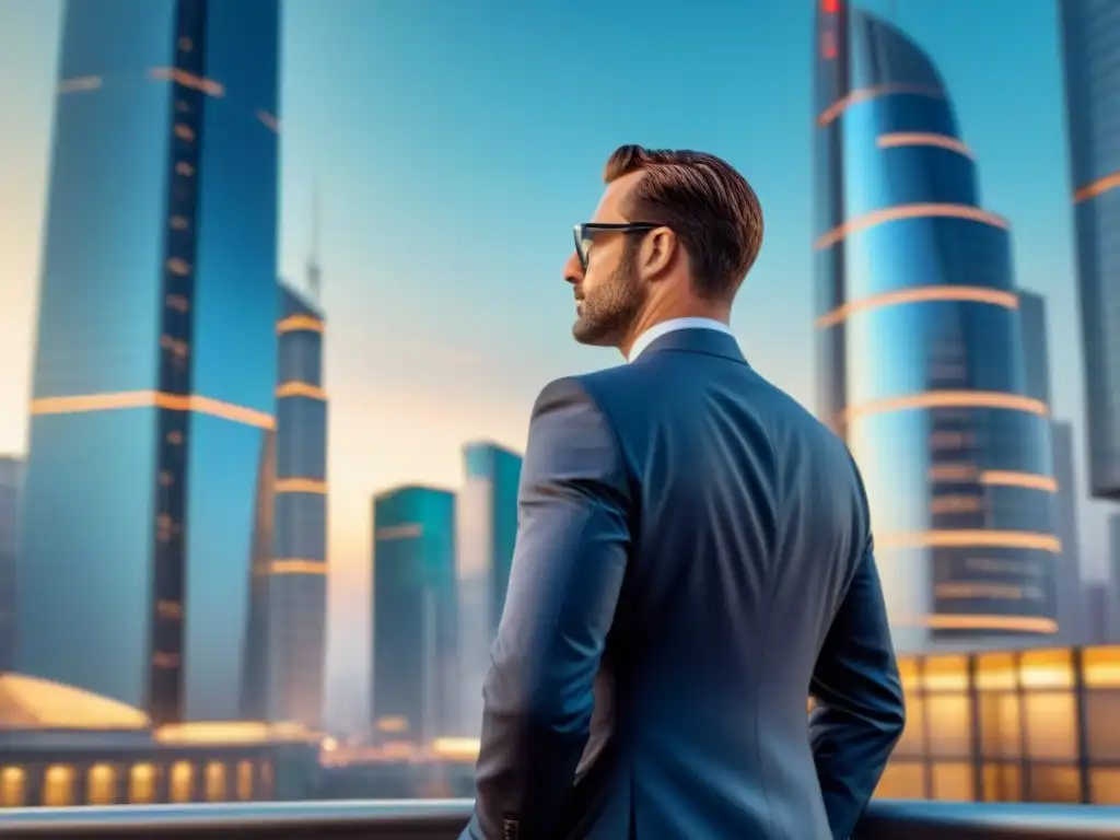 Metrópolis europea futurista: distrito financiero en 8K Vista panorámica de una ciudad europea moderna y próspera con rascacielos y arquitectura futurista