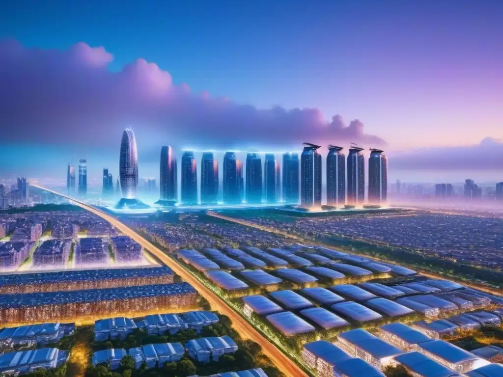 Metrópolis futurista: innovación y progreso en 8k Vista panorámica de una ciudad futurista al anochecer con normativas inversión inmobiliaria 2021