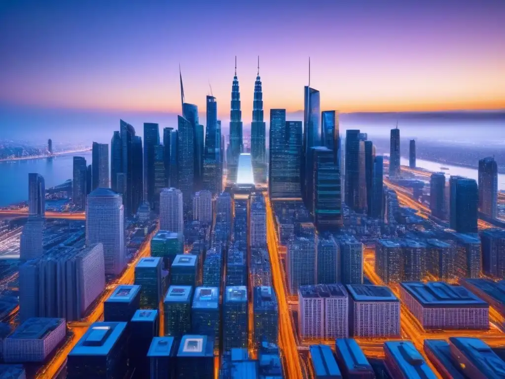 Metrópolis futurista: innovación financiera y tecnológica al atardecer Vista panorámica de la ciudad del futuro al anochecer, con rascacielos iluminados y sistemas de transporte avanzados