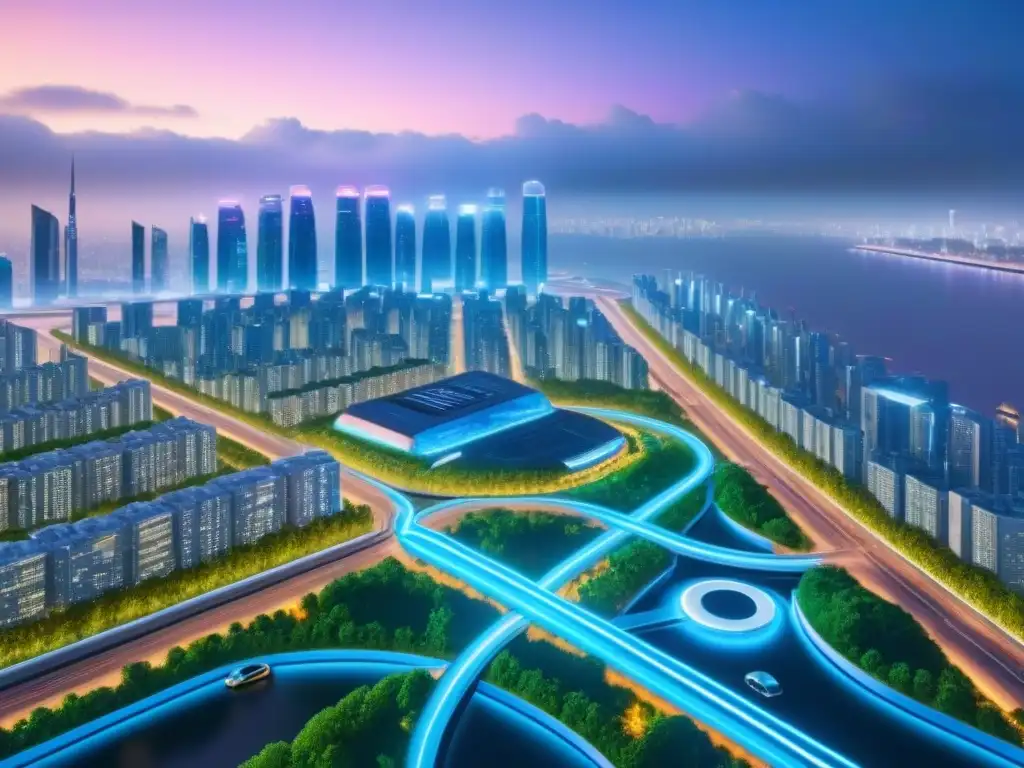 Skyline futurista: Impacto 5G en la ciudad inteligente Vista panorámica de una ciudad inteligente futurista con tecnología 5G en sector inmobiliario