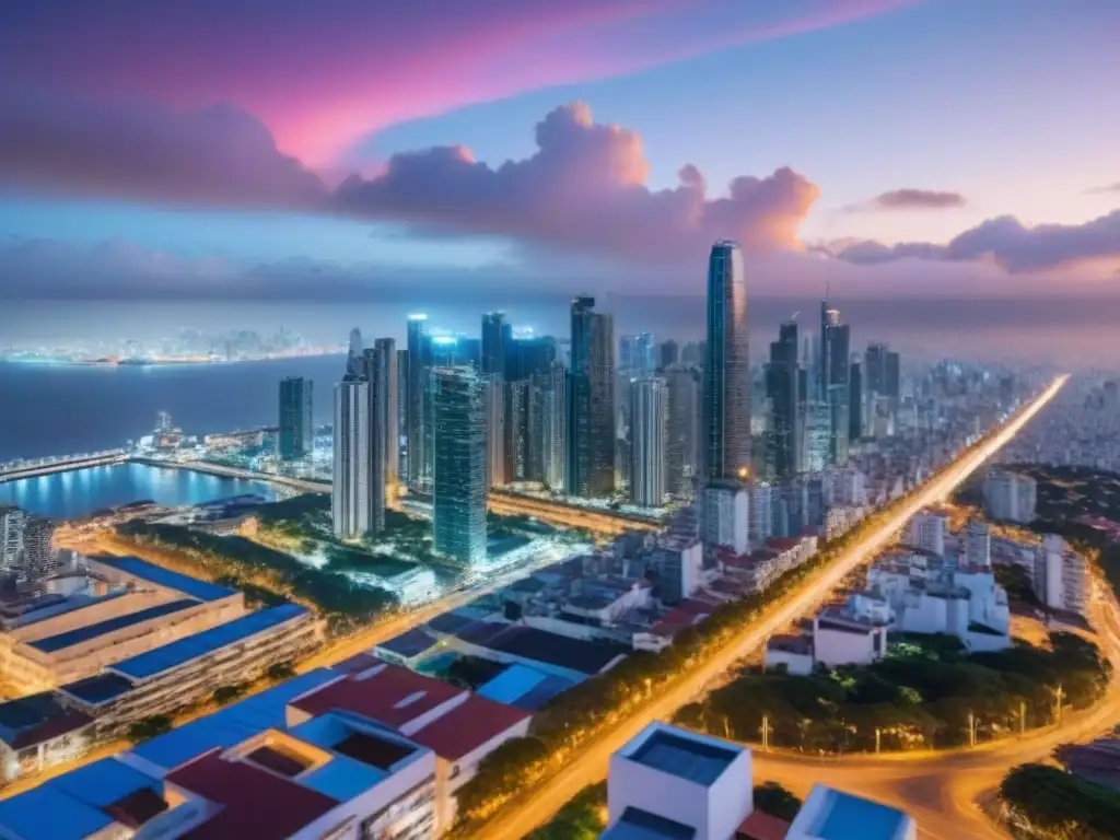 Skyline urbano de América Latina: luces y prosperidad Vista panorámica de una ciudad latinoamericana en crecimiento, iluminada por luces vibrantes