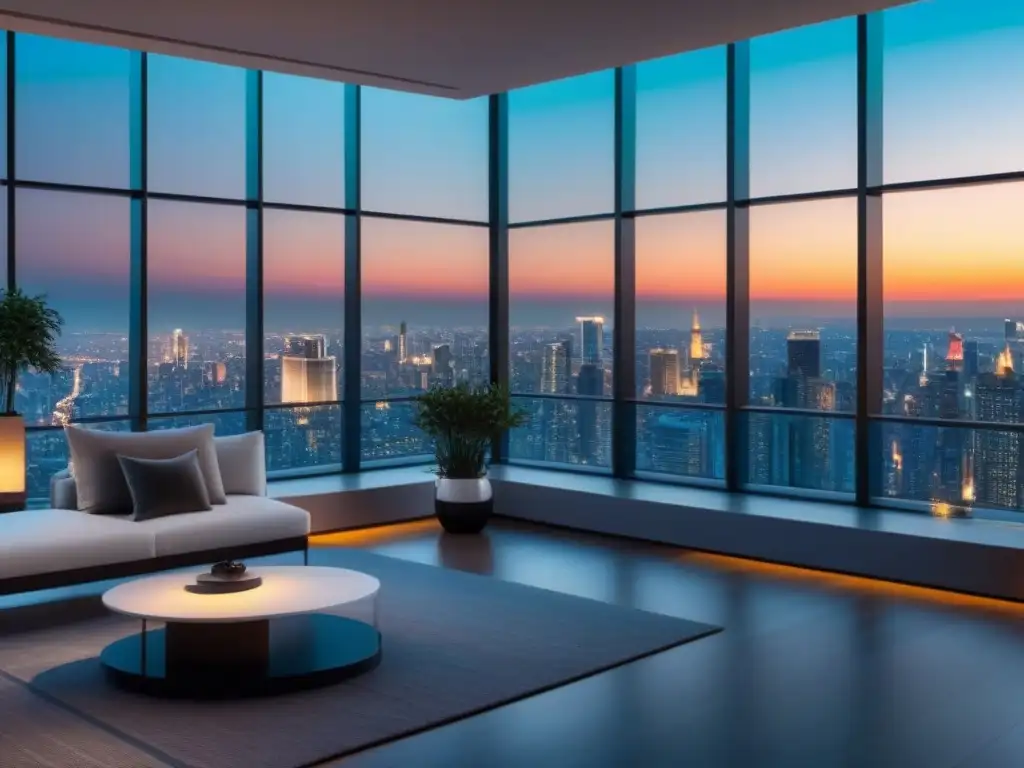 Penthouse de lujo con vistas panorámicas en la ciudad Vista panorámica de ciudad desde lujoso ático moderno, con diseño interior elegante y tasas de interés en financiamiento
