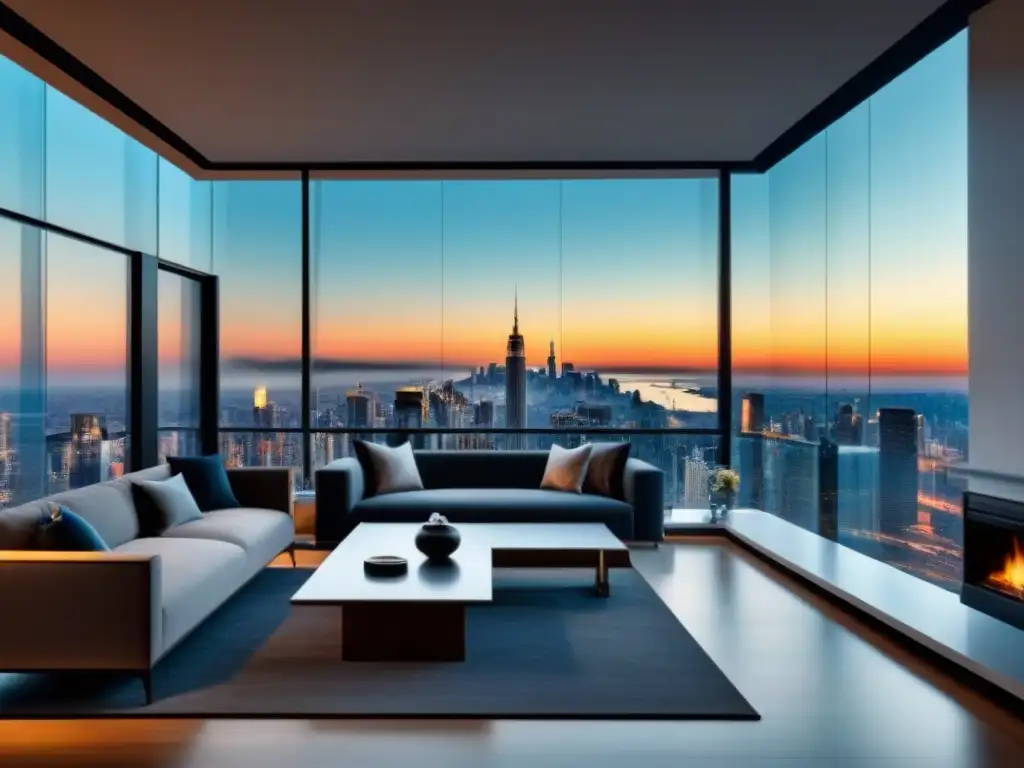 Interior de apartamento de lujo con vistas a la ciudad Vista panorámica de ciudad desde lujoso apartamento moderno con impacto Brexit en mercado inmobiliario