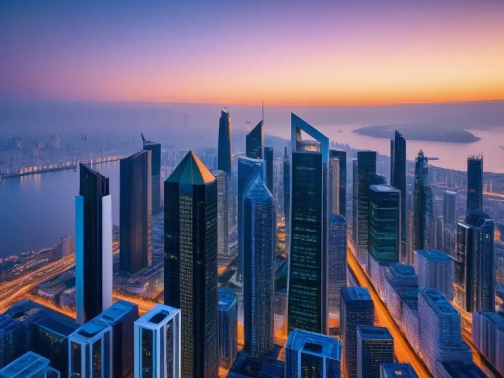 Horizonte urbano futurista: Inversión inteligente en 2023 Vista panorámica de la ciudad moderna al atardecer con rascacielos iluminados por el sol, ideal para 'Mejores seguros propiedad 2023 inversión'