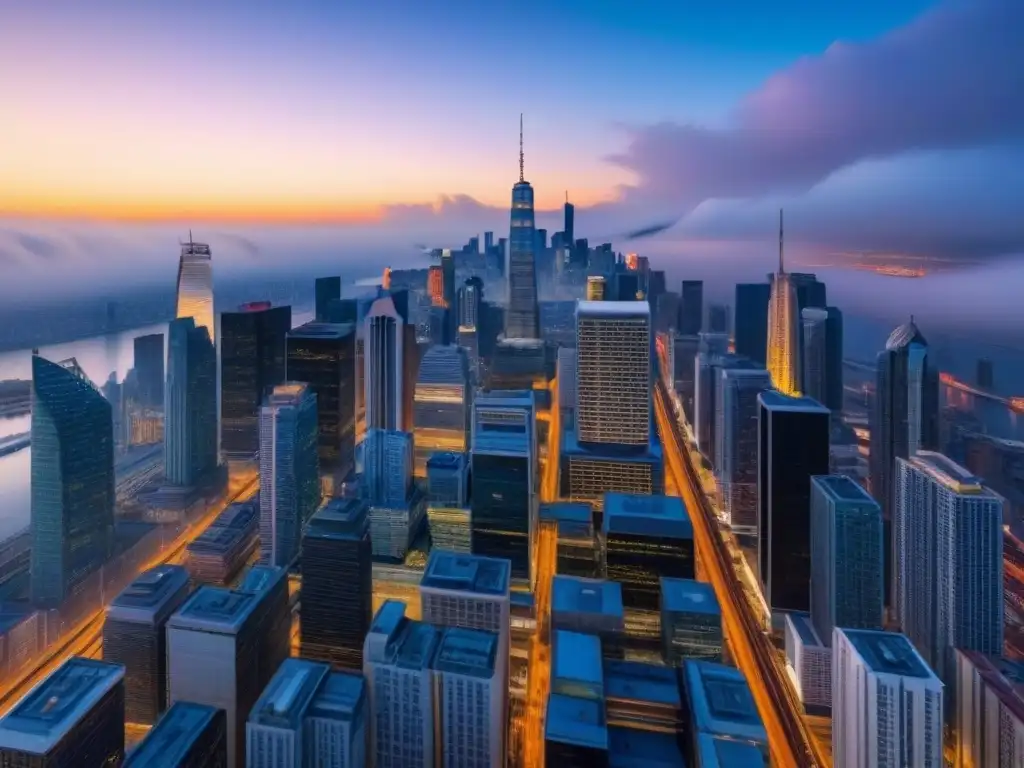 Horizonte urbano futurista: diseño arquitectónico moderno en 8k Vista panorámica de la ciudad moderna con rascacielos futuristas, reflejando la normativa financiamiento inmobiliario local