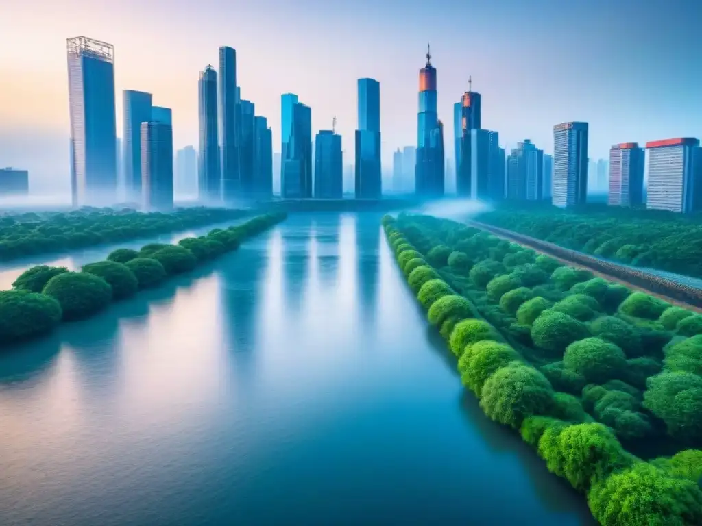Horizonte urbano fortificado: resiliencia ante desastres naturales Vista panorámica de ciudad moderna protegida ante riesgos naturales con 'Mejor seguro riesgos naturales inmobiliarios'