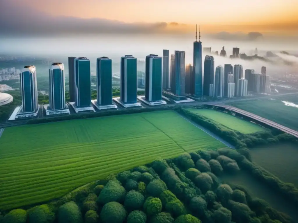 Horizonte ecológico: arquitectura sostenible en ciudad moderna Vista panorámica de una ciudad moderna con rascacielos rodeados de vegetación, simbolizando la integración de créditos de carbono en inmuebles