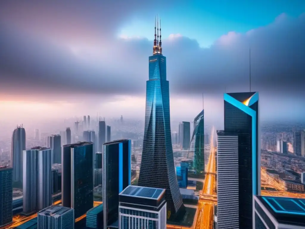 Metrópolis futurista con blockchain en transacciones inmobiliarias Vista panorámica de una ciudad moderna con rascacielos futuristas integrando Blockchain en financiamiento inmobiliario legal