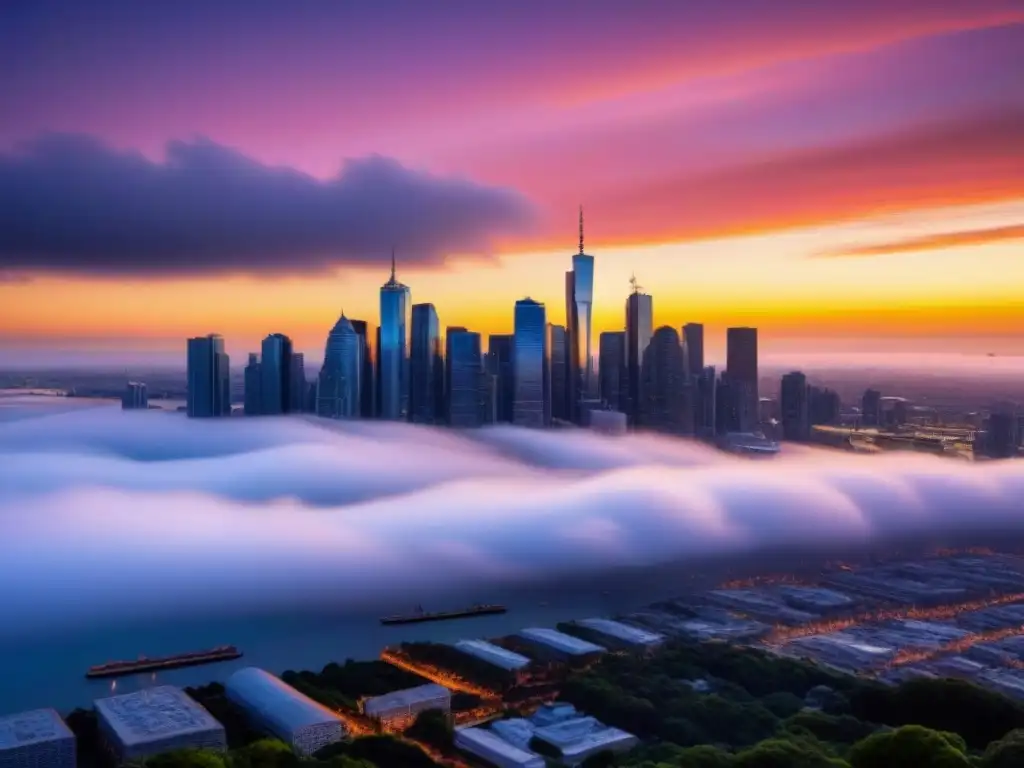 Horizonte urbano moderno: crecimiento financiero al atardecer Vista panorámica de una ciudad moderna al atardecer, reflejando rascacielos altos y símbolos de crecimiento financiero