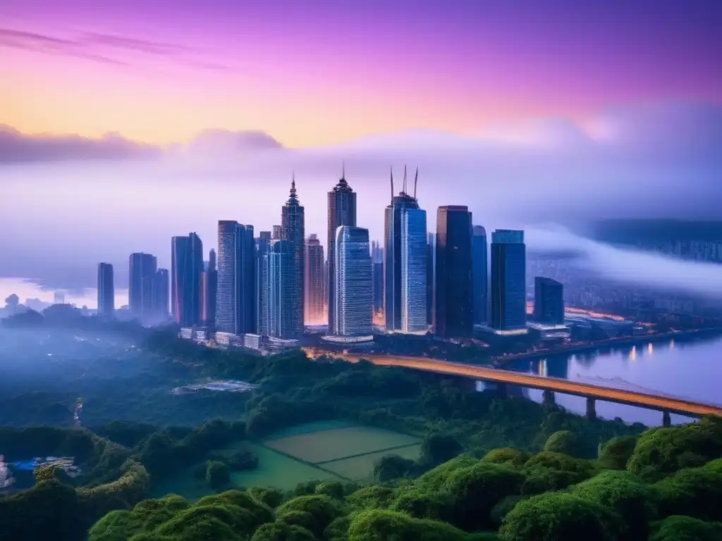 Horizonte urbano moderno y luminoso al atardecer Vista panorámica de una ciudad moderna al anochecer, con rascacielos iluminados y naturaleza exuberante