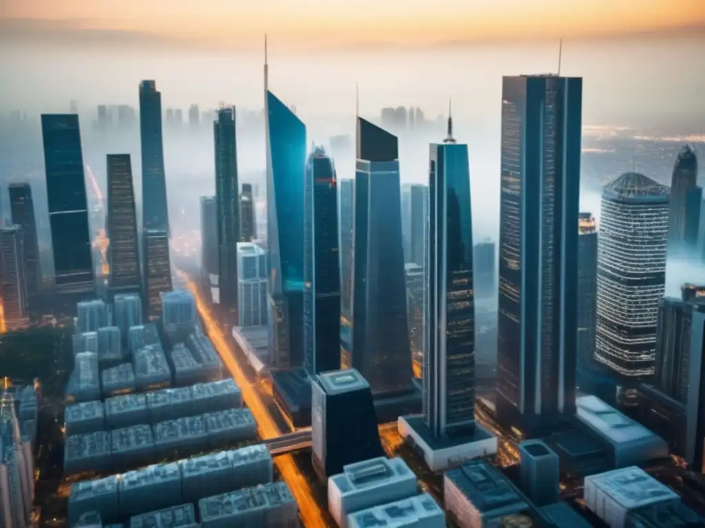 Skyline empresarial: estrategias de inversión inmobiliaria Vista panorámica de una ciudad moderna con profesionales en trajes de negocios discutiendo estrategias de Seguros en bienes raíces