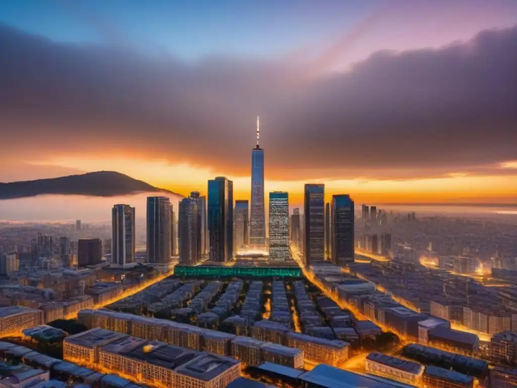 Horizonte urbano moderno al atardecer: éxito financiero y oportunidades inmobiliarias Vista panorámica de una ciudad moderna con rascacielos al atardecer, simbolizando capacidad endeudamiento inversiones inmobiliarias