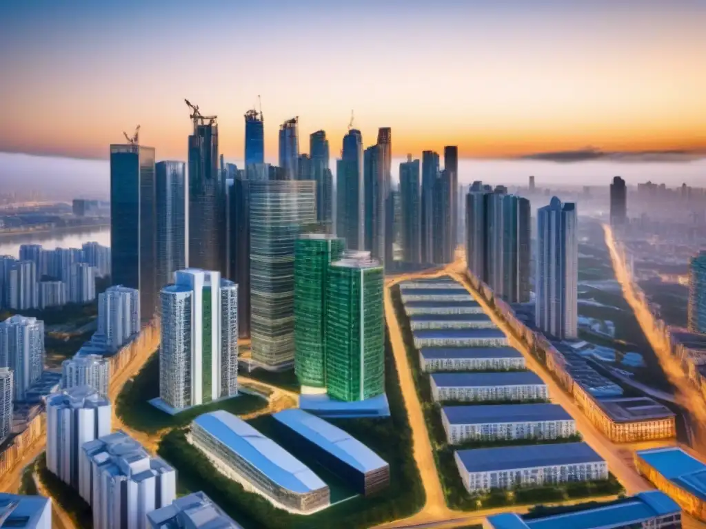 Horizonte urbano: fusión arquitectónica y financiera en la metrópolis Vista panorámica de una ciudad próspera con rascacielos modernos y edificios residenciales, simbolizando cerrar brecha inmobiliaria con financiamiento