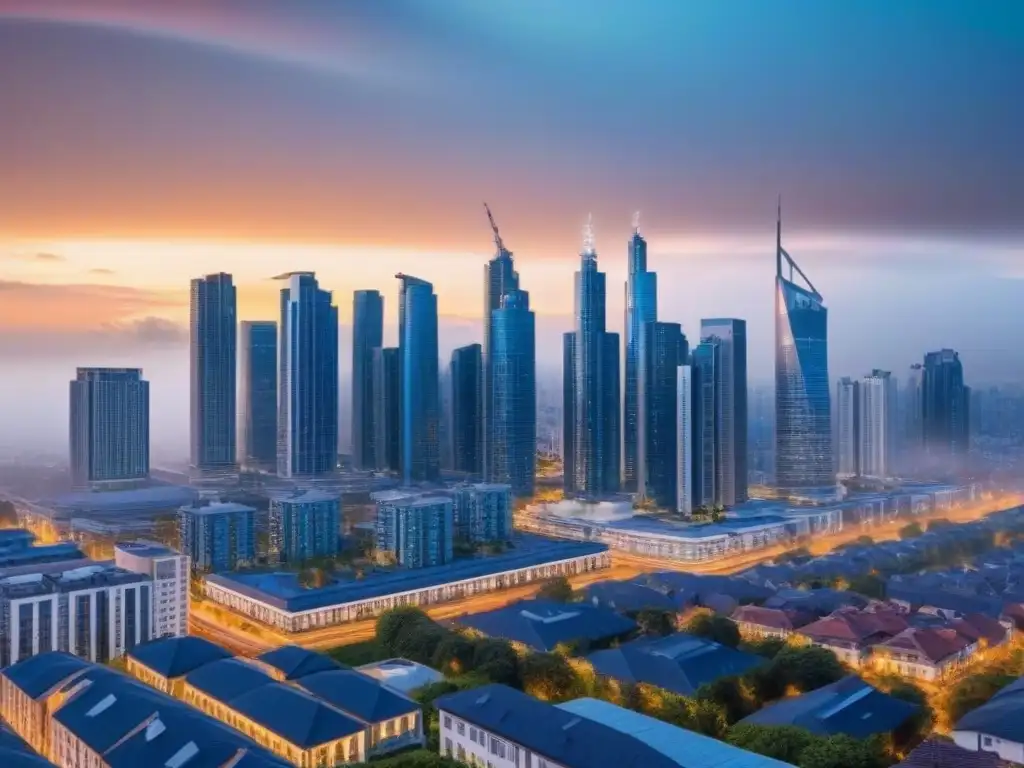 Vibrante panorama urbano: oportunidades de inversión en bienes raíces Vista panorámica de una ciudad vibrante con rascacielos modernos y un mercado inmobiliario dinámico