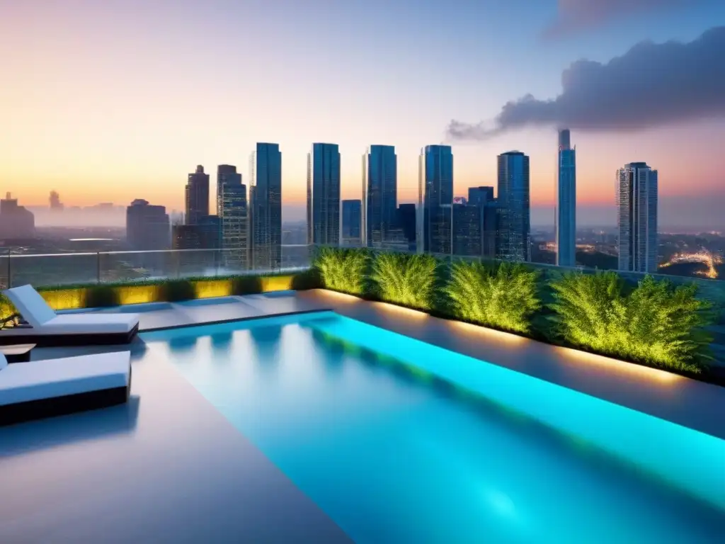 Complejo de apartamentos de lujo con piscina en la azotea y vistas panorámicas al atardecer Vista panorámica de complejo de apartamentos moderno con piscina en la azotea y jardín, con ciudad al atardecer