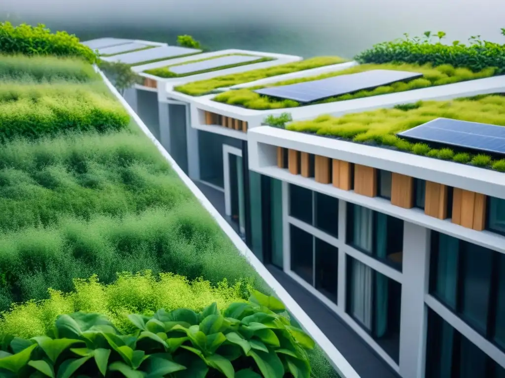 Complejo residencial futurista con diseño sustentable y armonía natural Vista panorámica de complejo residencial futurista con elementos sostenibles y áreas verdes, reflejando tendencias de vivienda post-pandemia