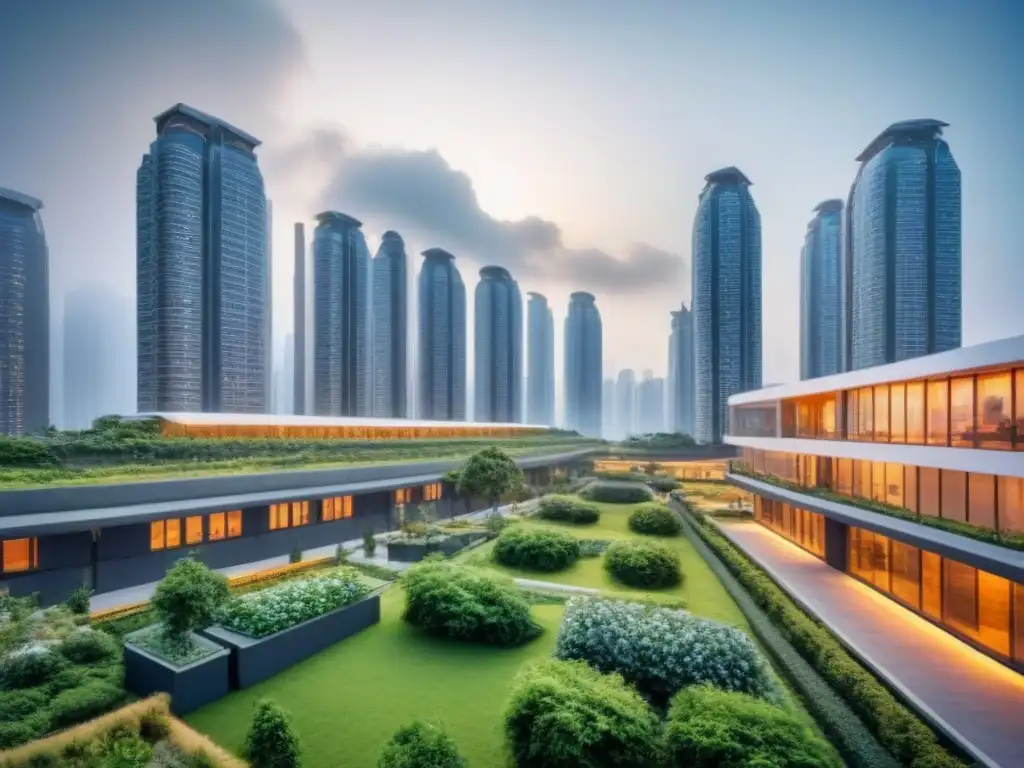 Vista panorámica futurista de políticas de vivienda innovadoras Vista panorámica detallada de una ciudad futurista con políticas de vivienda gubernamentales futuras integradas