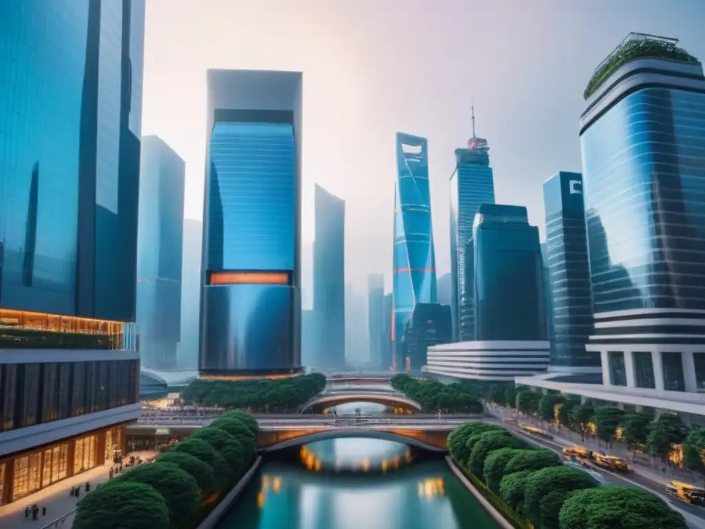 Distrito financiero asiático: innovación y modernidad en 8k Vista panorámica del distrito financiero en Asia, con rascacielos futuristas y profesionales