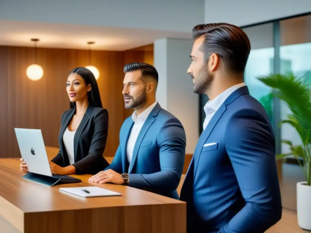 Banca moderna: expertos en hipotecas atienden a clientes diversos Una vista panorámica de un elegante interior bancario donde diversidad de clientes espera para hablar con un asesor hipotecario