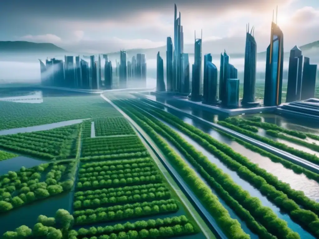 Metrópolis futurista con tecnología y naturaleza para resistir desastres Vista panorámica futurista con tecnología para desastres, perfecta para Seguros de propiedad contra desastres