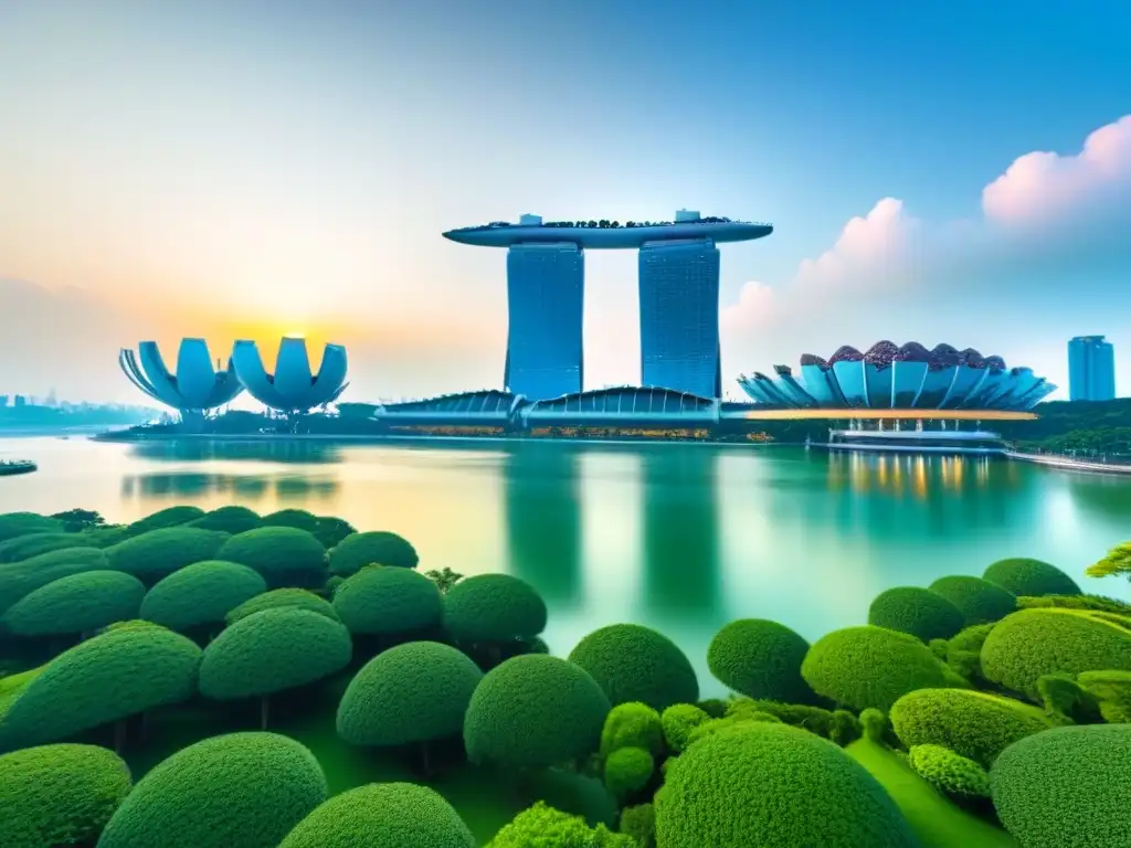 Horizonte futurista de Singapur: Marina Bay Sands, Gardens by the Bay y distrito financiero al atardecer Vista panorámica de Singapur con icónicos edificios y vida urbana vibrante, ideal para inversión inmobiliaria en Asia