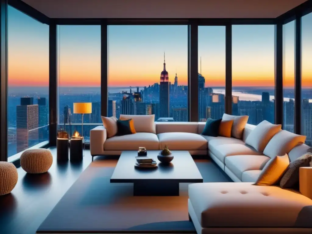 Vista panorámica de lujo en sala de estar de penthouse con mobiliario elegante y arte moderno, perfecta para inquilino exigente en propiedades de lujo