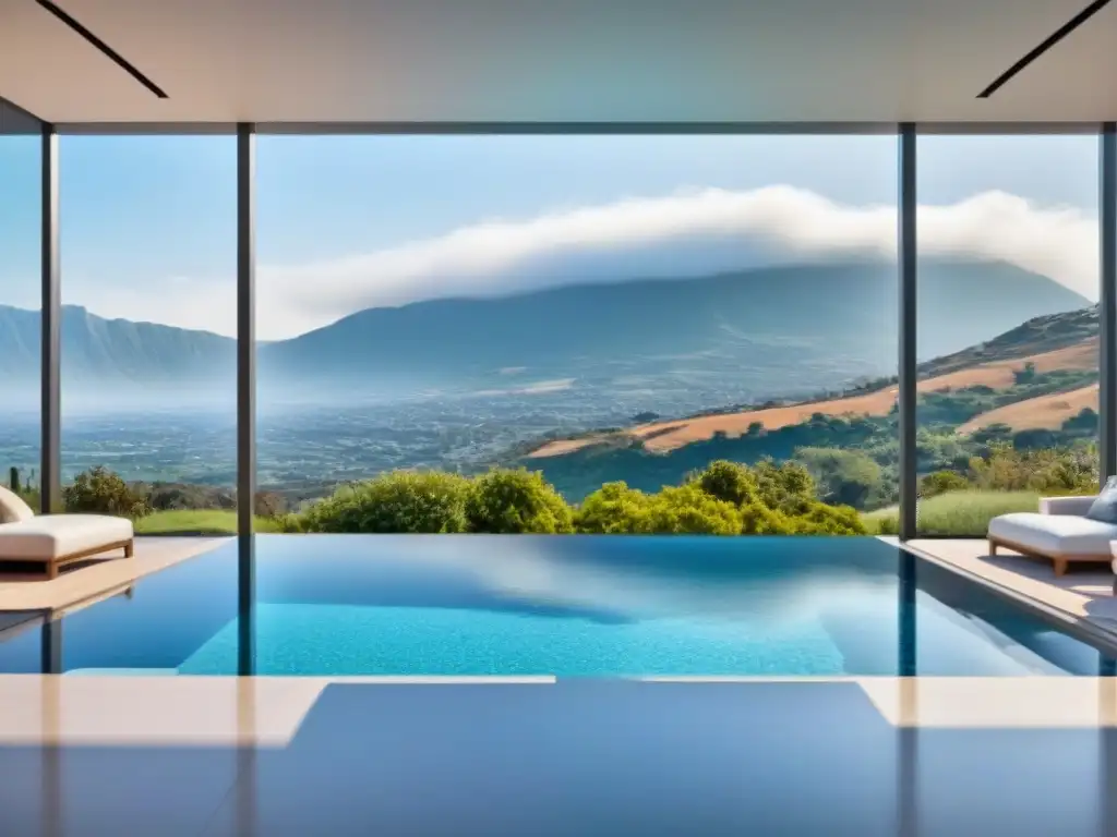 Propiedad de lujo con diseño moderno y piscina infinita Vista panorámica de una lujosa propiedad moderna con piscina infinita, rodeada de jardines y mobiliario contemporáneo