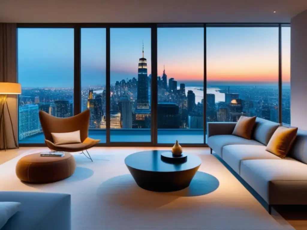 Exclusivo apartamento moderno con vista a la ciudad al anochecer Vista panorámica desde lujoso apartamento con diseño moderno y cálido, ideal para Inversiones inmobiliarias internacionales diversificación