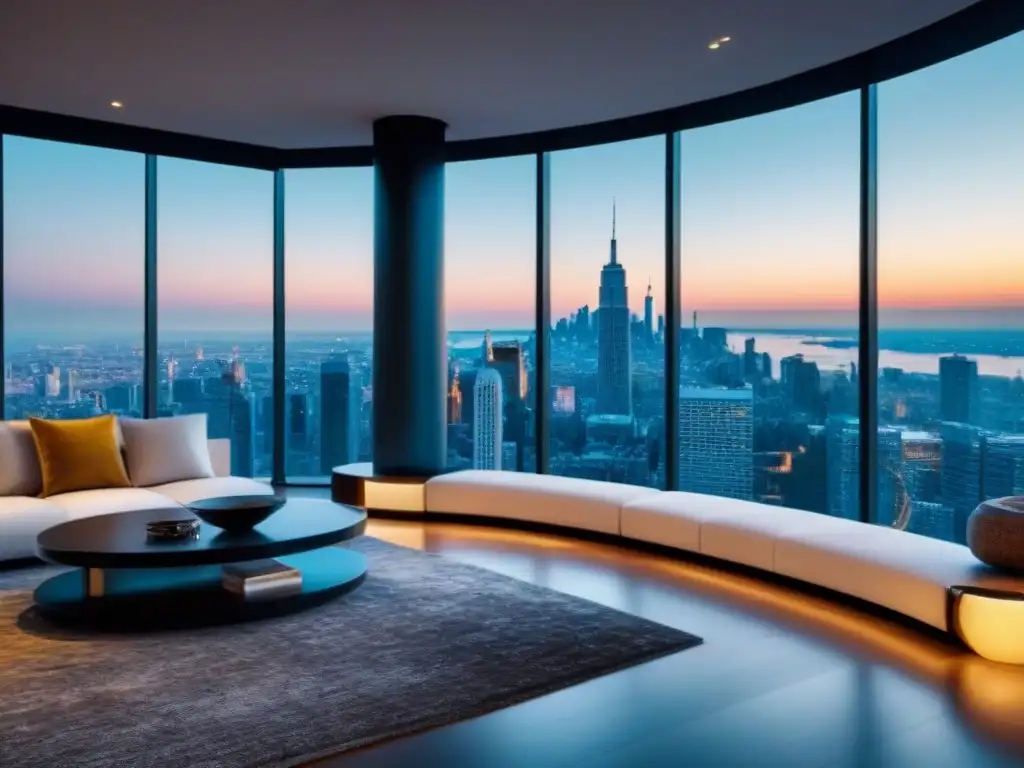 Penthouse de lujo con vista urbana y diseño contemporáneo Vista panorámica de un lujoso ático moderno con decoración contemporánea y ventanas de piso a techo, transmitiendo sofisticación y éxito