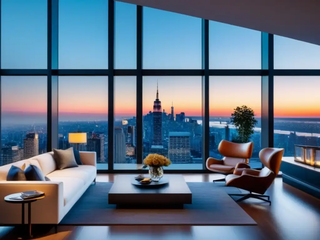 Penthouse de lujo con vista panorámica al atardecer Vista panorámica de un lujoso ático moderno al anochecer