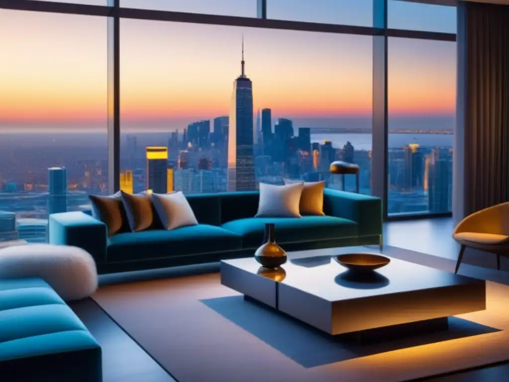 Penthouse de lujo con vistas a la ciudad al atardecer Vista panorámica de un lujoso ático moderno con diseño contemporáneo y comodidades de alta tecnología, en Marketing Multicanal Propiedades Lujo