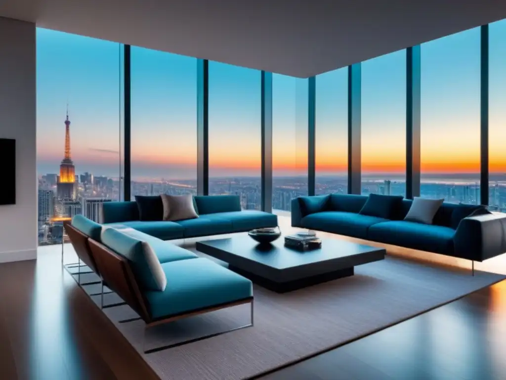 Penthouse moderno de lujo con vistas panorámicas Vista panorámica de un lujoso ático moderno con mobiliario de diseño contemporáneo y pantallas de publicidad inmobiliaria de lujo