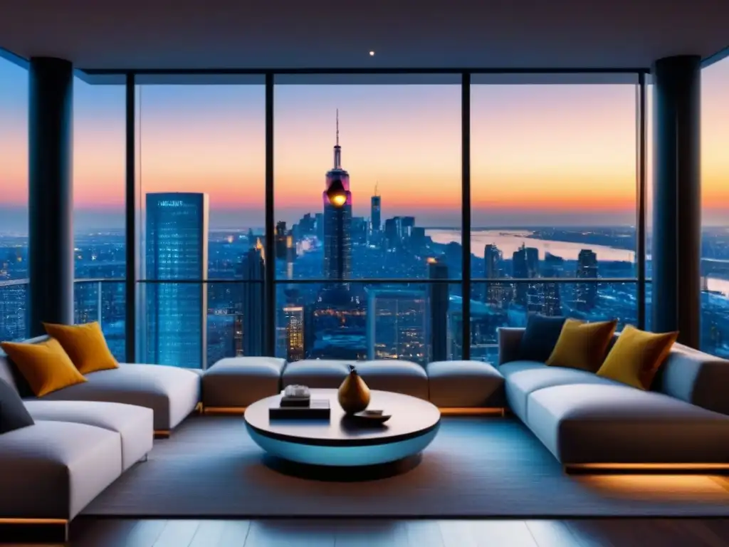 Penthouse de lujo: vista panorámica de la ciudad al atardecer Vista panorámica de un lujoso ático moderno con vistas a la ciudad al anochecer