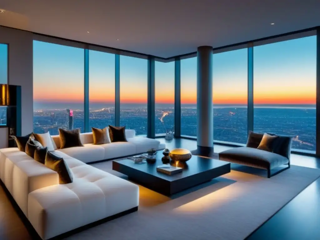Penthouse de lujo con diseño contemporáneo y vistas panorámicas Vista panorámica de un lujoso ático moderno con diseño interior contemporáneo y sofisticado