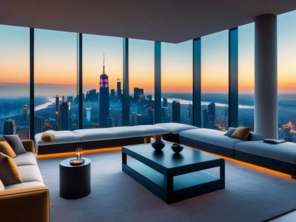 Penthouse moderno de lujo con vista panorámica en la ciudad Vista panorámica de un lujoso ático moderno con diseño elegante y exclusivo