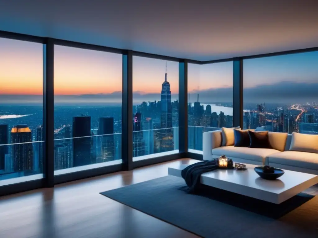Penthouse de lujo en la ciudad: diseño contemporáneo y exclusividad Vista panorámica de un lujoso ático moderno con decoración de lujo y muebles elegantes, ideal para estrategias publicidad redes sociales propiedades lujo