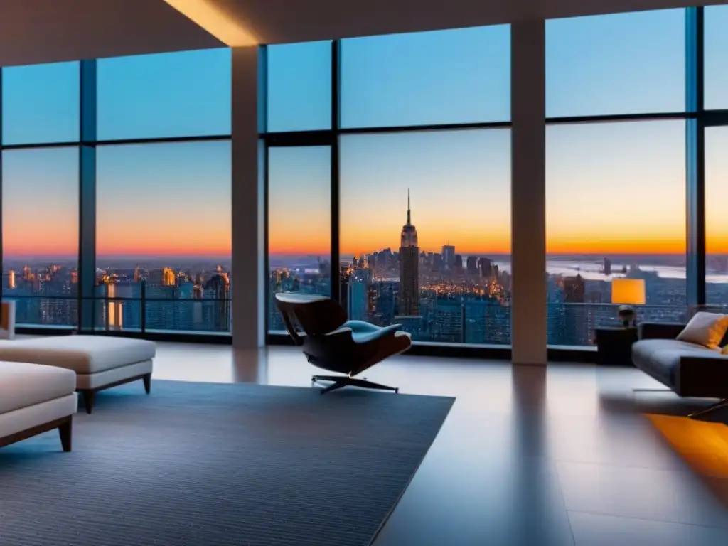 Penthouse moderno de lujo con vistas a la ciudad al atardecer Vista panorámica de un lujoso ático moderno con mobiliario contemporáneo y suelos de mármol, en una ciudad al atardecer
