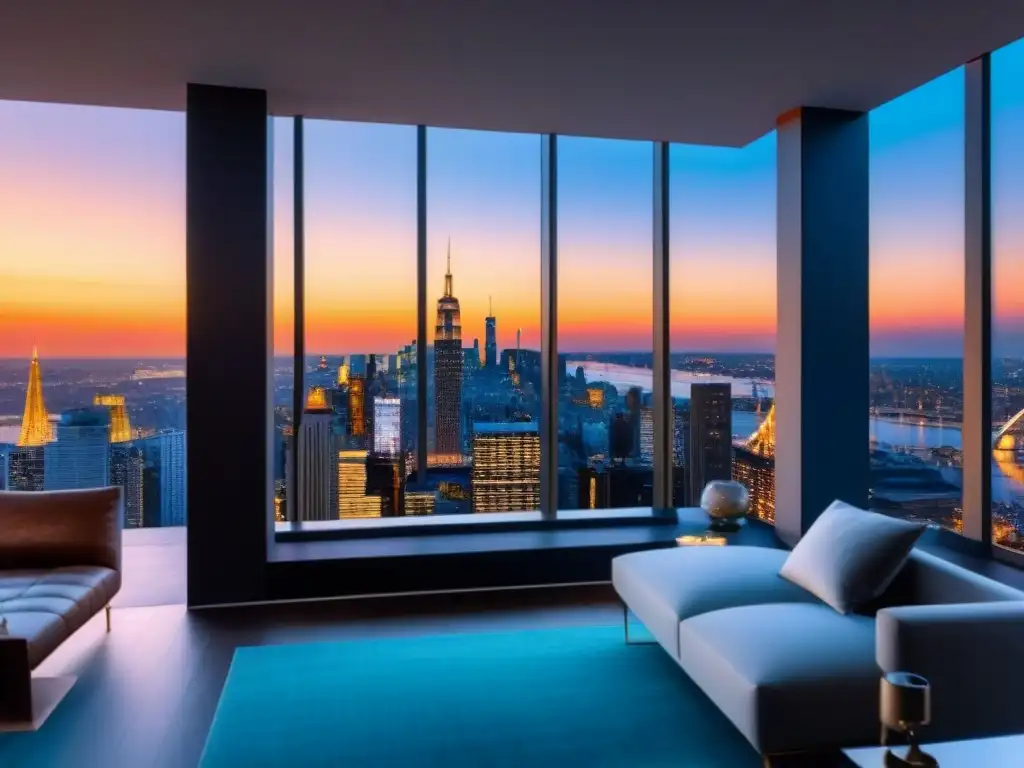 Penthouse moderno con vista panorámica en la ciudad Vista panorámica de un lujoso ático moderno con diseño elegante y arte contemporáneo
