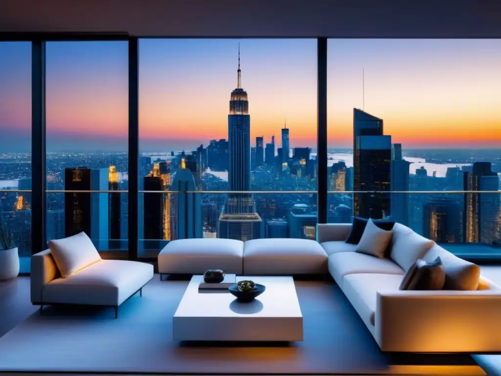 Penthouse de lujo con vistas panorámicas al atardecer en la ciudad Vista panorámica de lujoso ático moderno en ciudad al anochecer