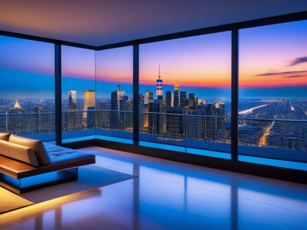 Penthouse de lujo: vista panorámica al atardecer en la ciudad Vista panorámica de un lujoso ático moderno en la ciudad, con diseño elegante y cálido atardecer en el horizonte
