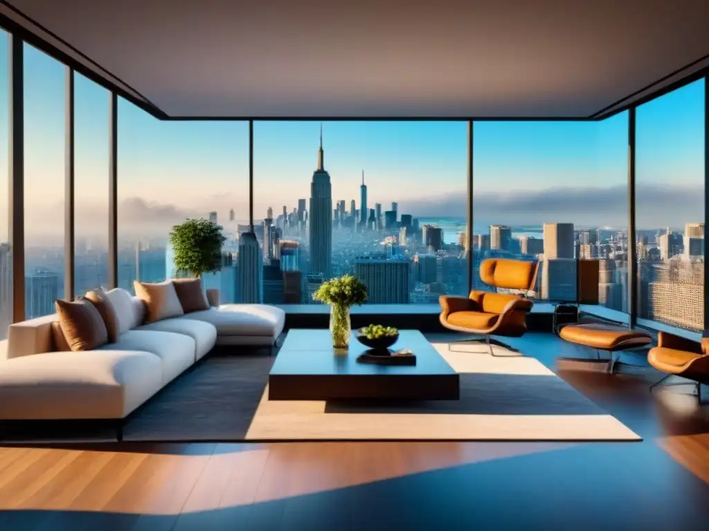 Penthouse de lujo: vista panorámica de la ciudad en 8k Vista panorámica desde lujoso ático moderno en ciudad, muebles elegantes y acabados de alta gama