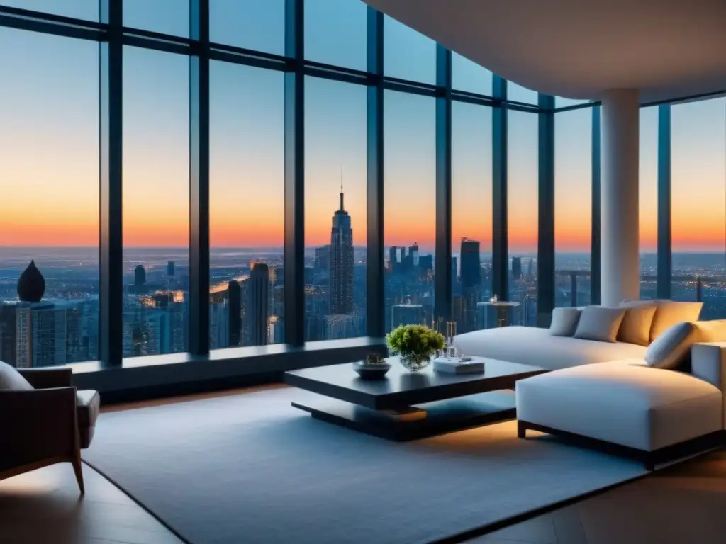 Penthouse de lujo con vistas panorámicas en 8k Vista panorámica de un lujoso ático moderno con decoración de lujo y errores en la gestión de propiedades de lujo