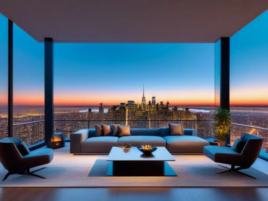Penthouse de lujo con vista a la ciudad al atardecer Vista panorámica al anochecer de lujoso ático con diseño contemporáneo y elegante, ideal para marketing para propiedades de alta gama