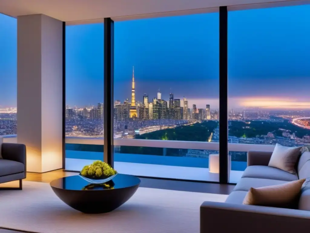 Penthouse de lujo con vistas panorámicas en la ciudad al atardecer Vista panorámica desde lujoso ático moderno al atardecer en la ciudad