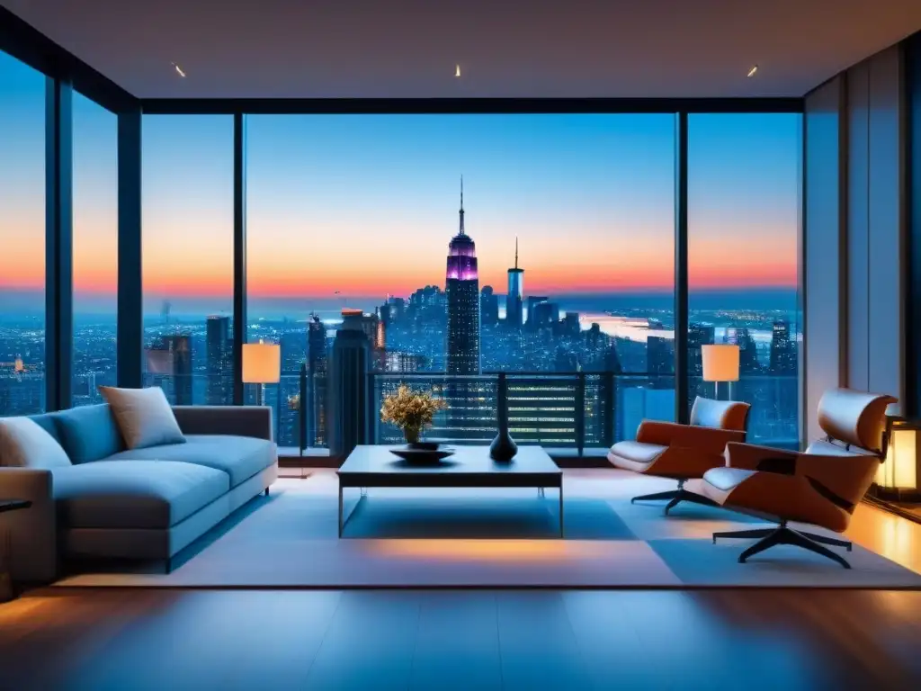Penthouse de lujo con vista panorámica y tecnología smart home Vista panorámica de lujoso ático moderno con sistema domótico controlado desde una tablet